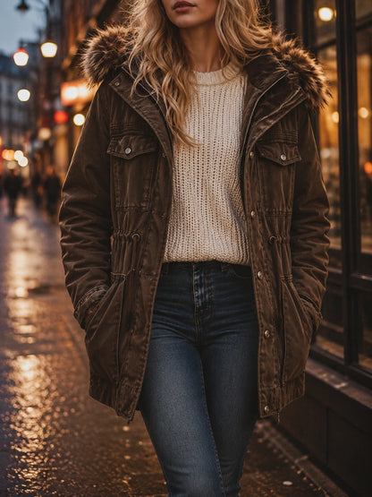Women's Vintage Fur Hooded Work Windbreaker Jacket