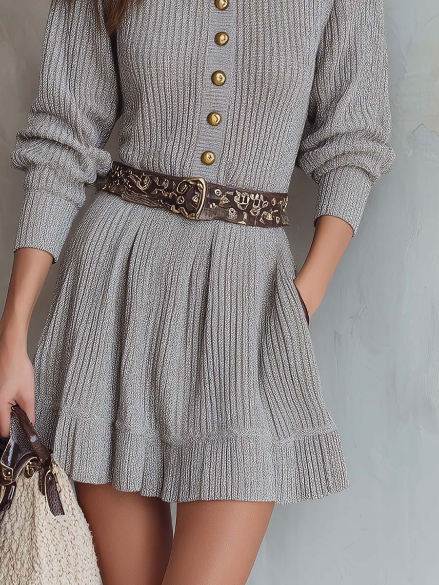 Retro Stand-up Collar Metal Buttons Knit Mini Dress