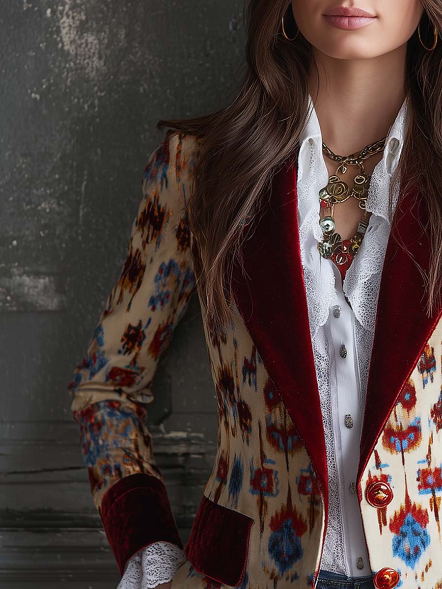 Retro Color-blocked Floral Polyester Velvet Mid-length Blazer
