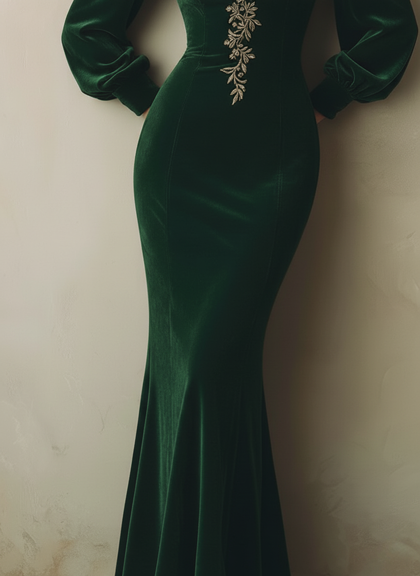 Emerald Green Velvet Square Neck Maxi Dress with Embroidered Detail