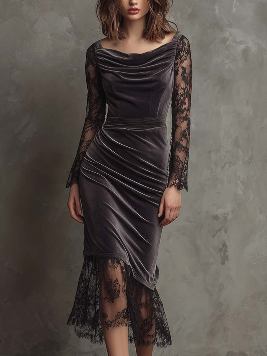 Elegant Charcoal Gray Velvet Lace Draped Midi Dress