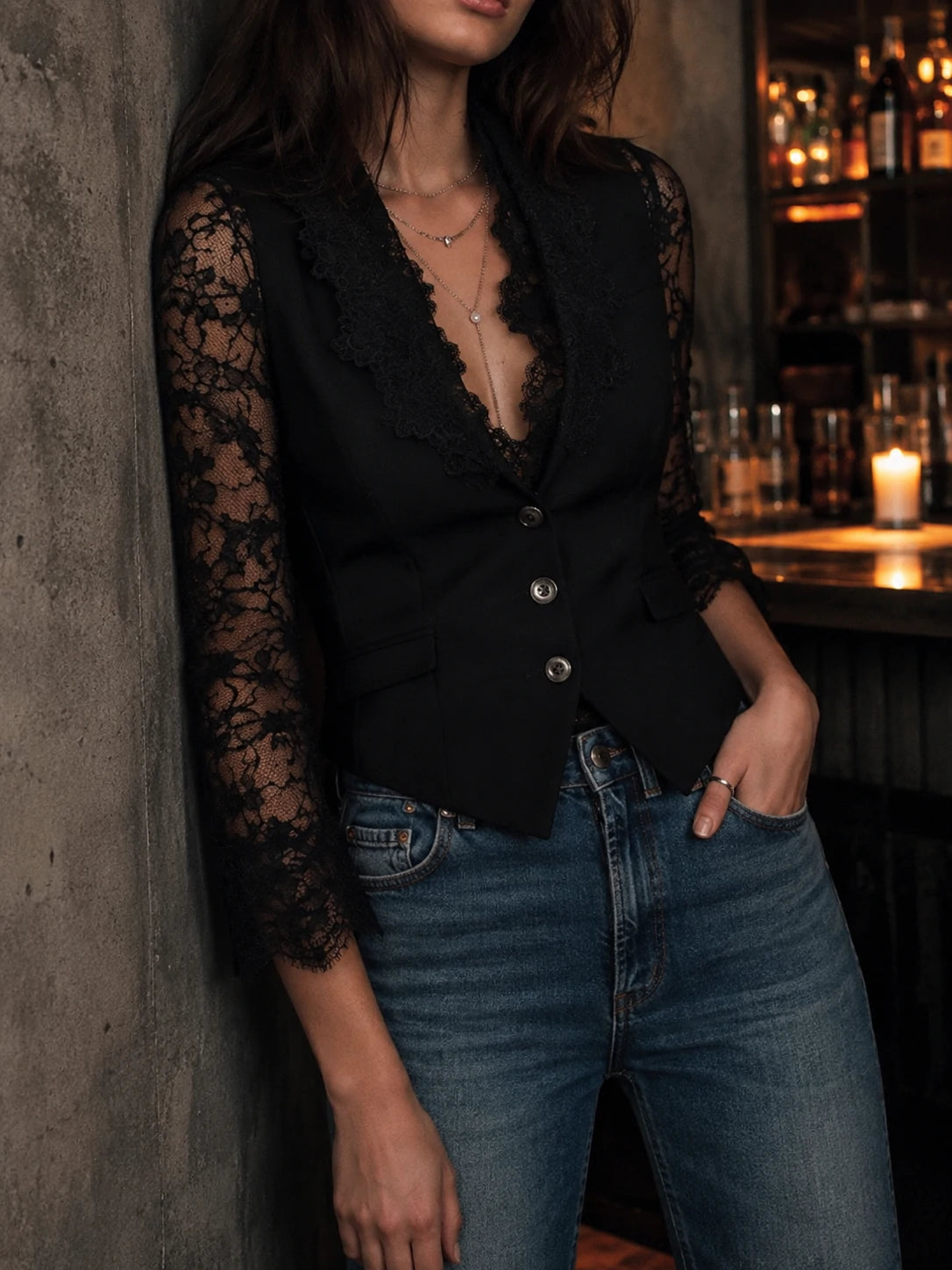 Elegant Black Lace Panel Sleeve Blazer Top Vest
