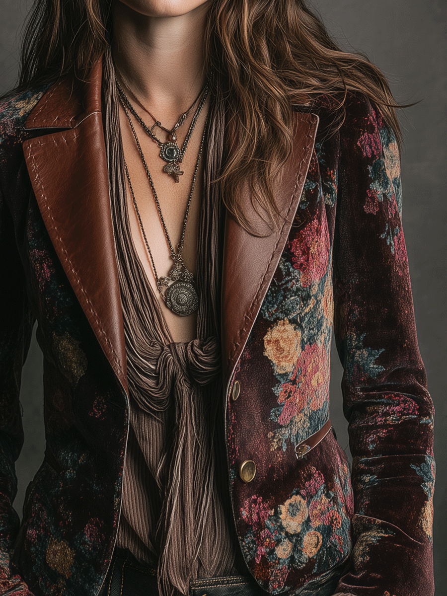 Vintage Burgundy Floral Velvet Contrast Lapel Blazer