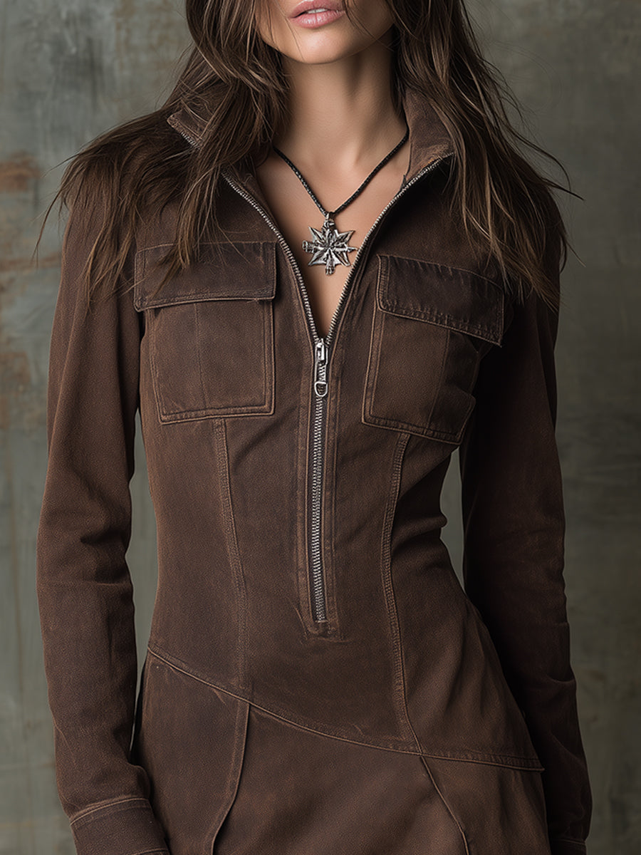 Bohemian Washed Half-zip Denim Mini Dress