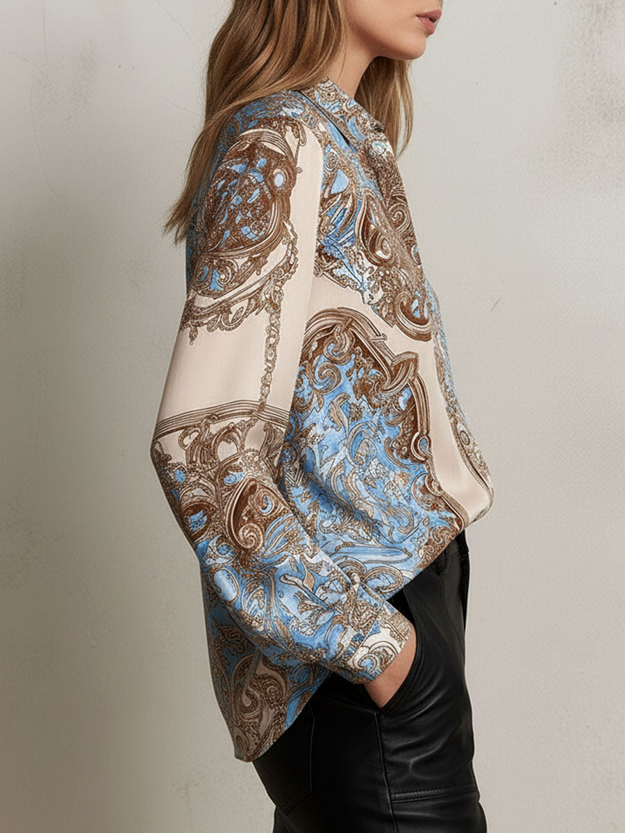 Vintage Baroque Pattern Print Satin Button-Down Shirt