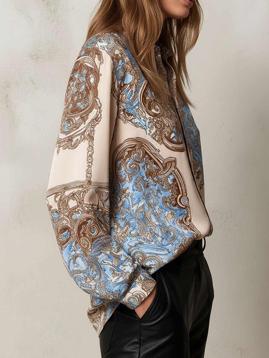 Vintage Baroque Pattern Print Satin Button-Down Shirt