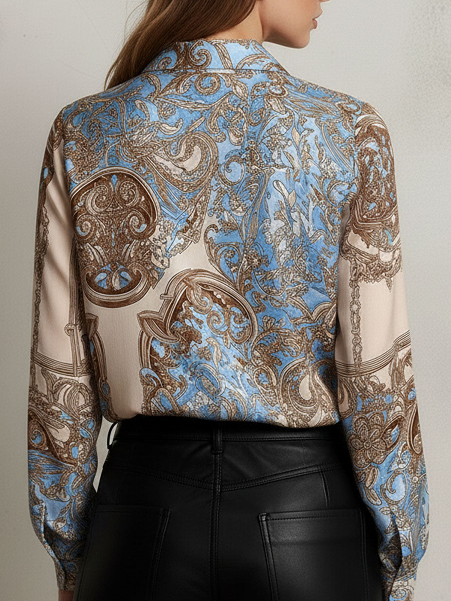 Vintage Baroque Pattern Print Satin Button-Down Shirt