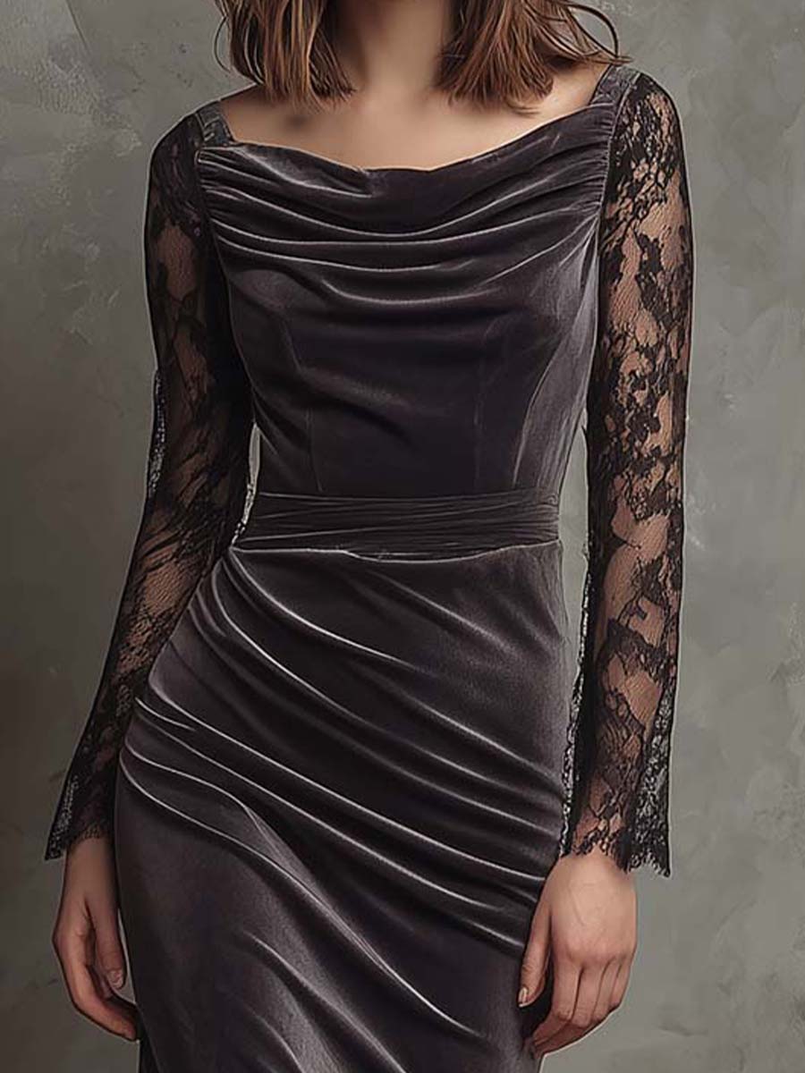 Elegant Charcoal Gray Velvet Lace Draped Midi Dress
