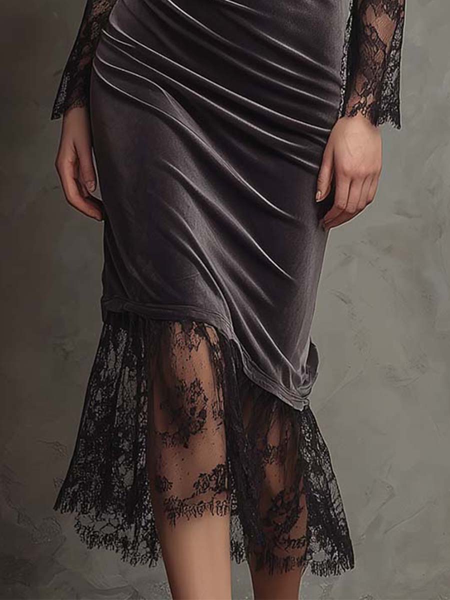 Elegant Charcoal Gray Velvet Lace Draped Midi Dress