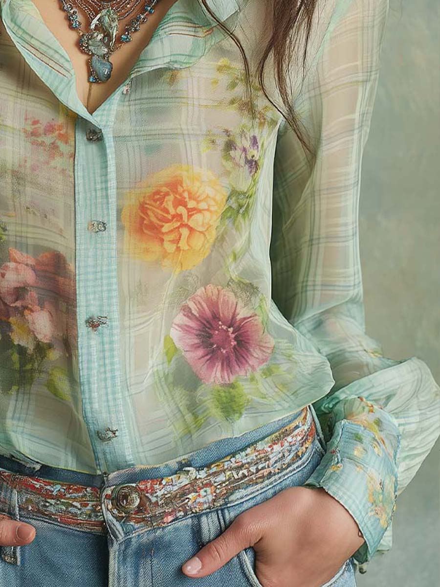 Vintage Boho Sheer Floral Plaid Blouse