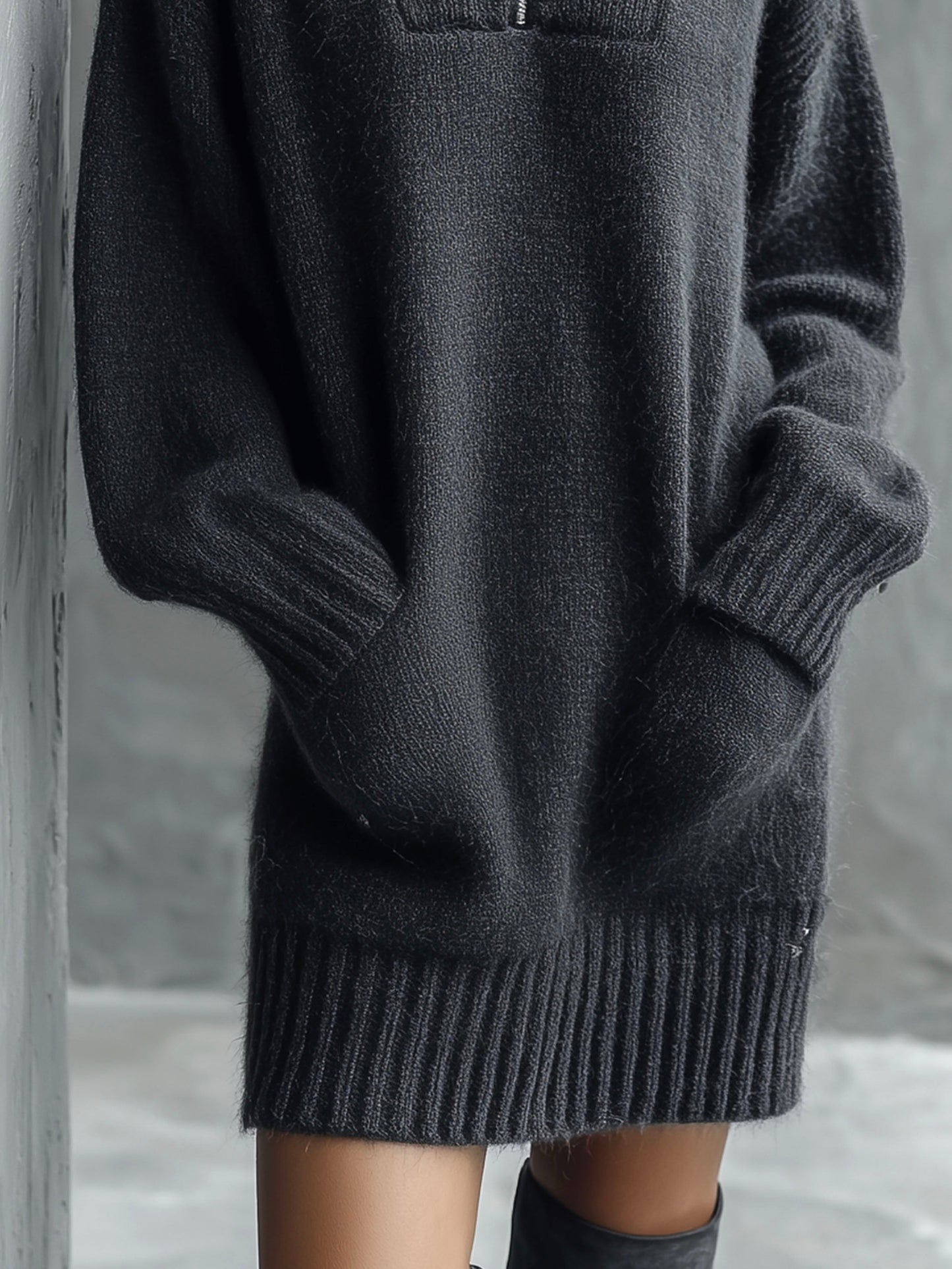 Chic Half-Zip High Neck Sweater Dress With Ribbed Trim