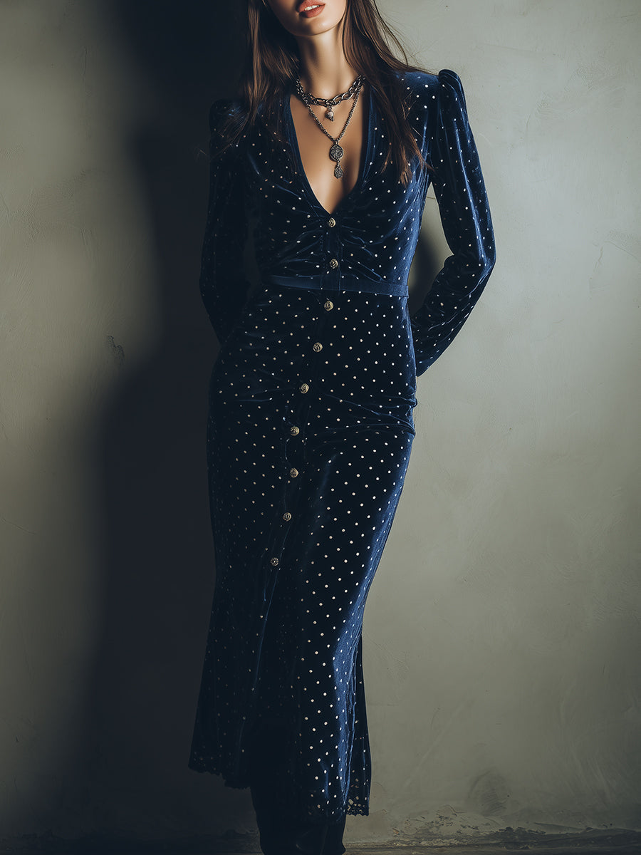 Quiet Luxury Puff Sleeve Velvet Polka Dot Midi Dress