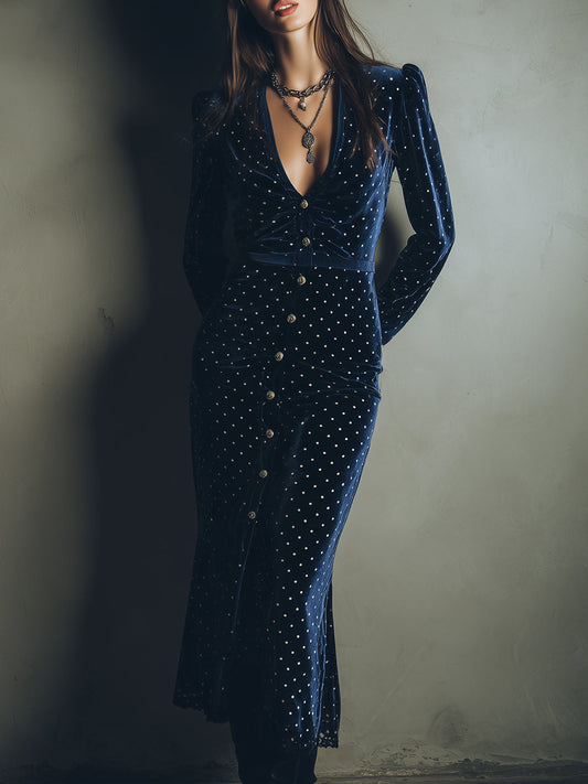 Quiet Luxury Puff Sleeve Velvet Polka Dot Midi Dress