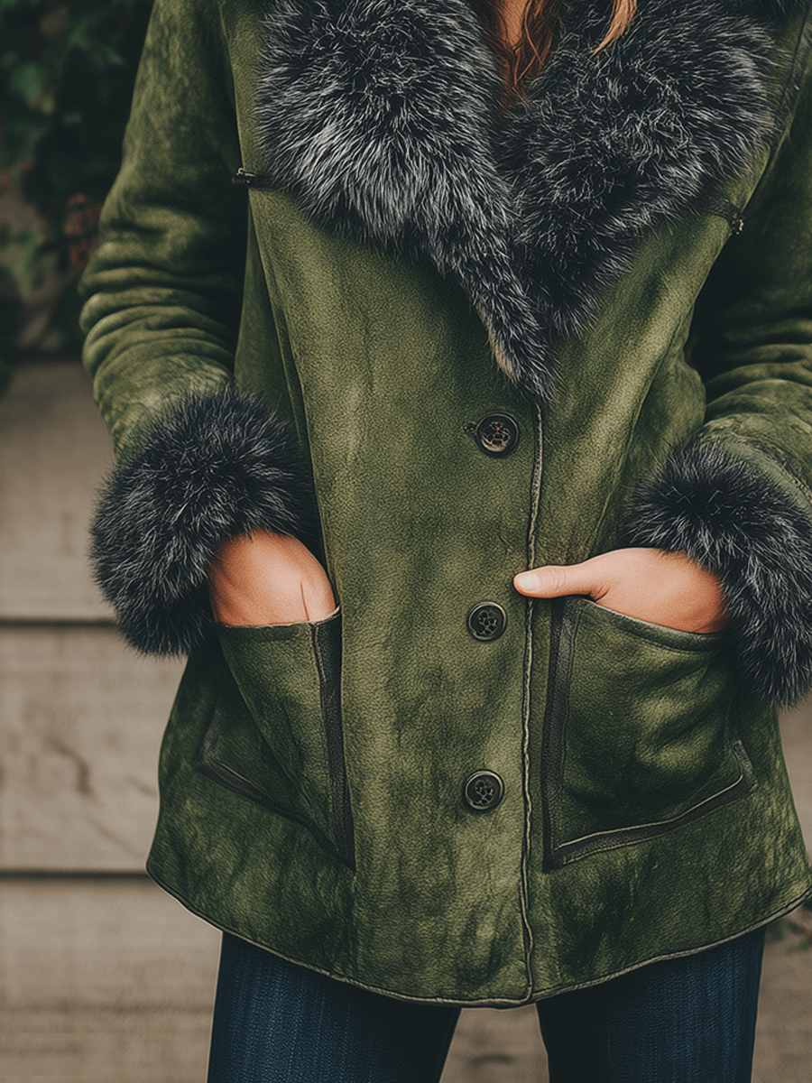 Boho Olive Faux Shearling Collar Suede Jacket