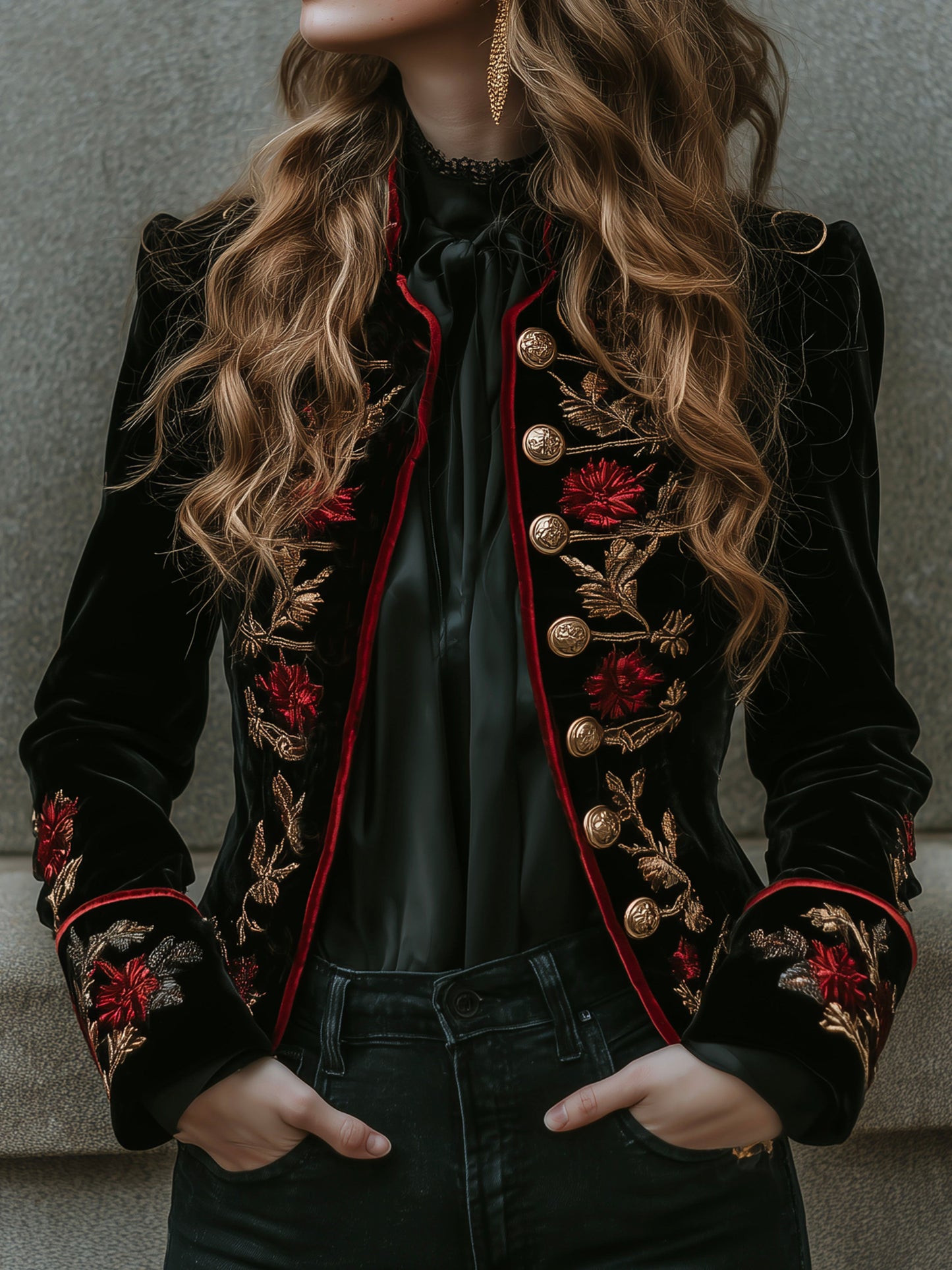 Vintage Black Velvet Embroidered Military Gold Button Blazer