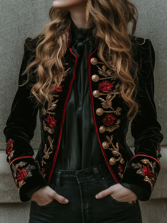 Vintage Black Velvet Embroidered Military Gold Button Blazer