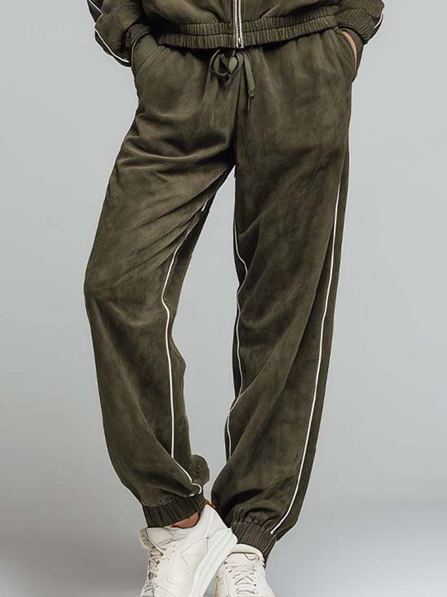 Olive Green Microsuede Zip-Up Tracksuit