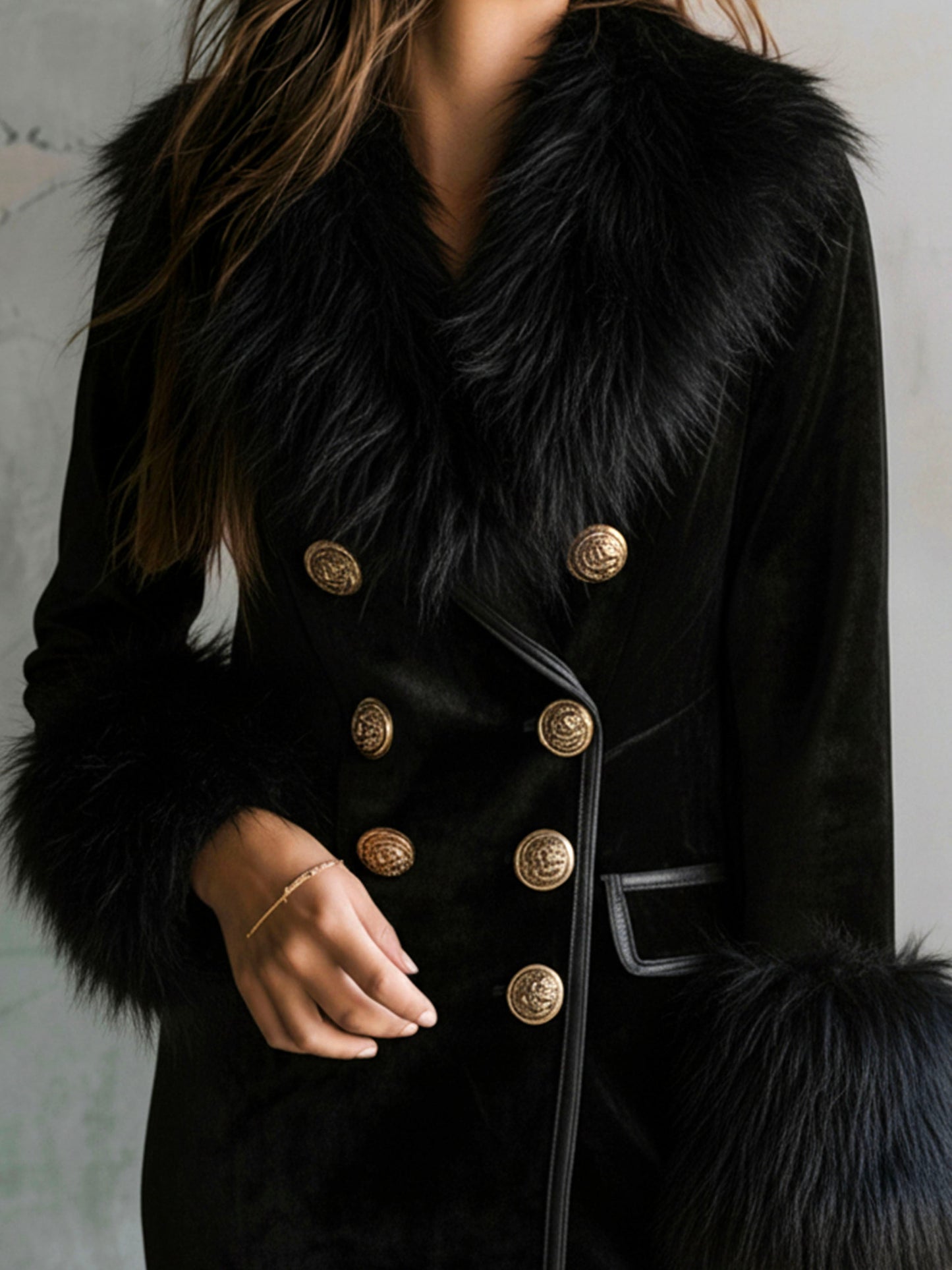 Stylish Black Velvet Blazer Dress With Eco Fur Collar & Cuff