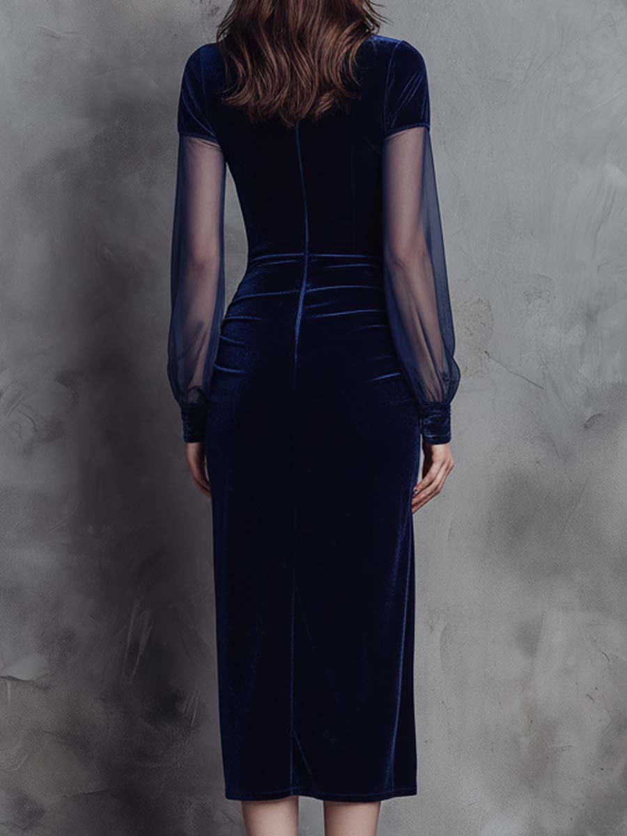Velvet Midi Dress With Sheer Sleeves