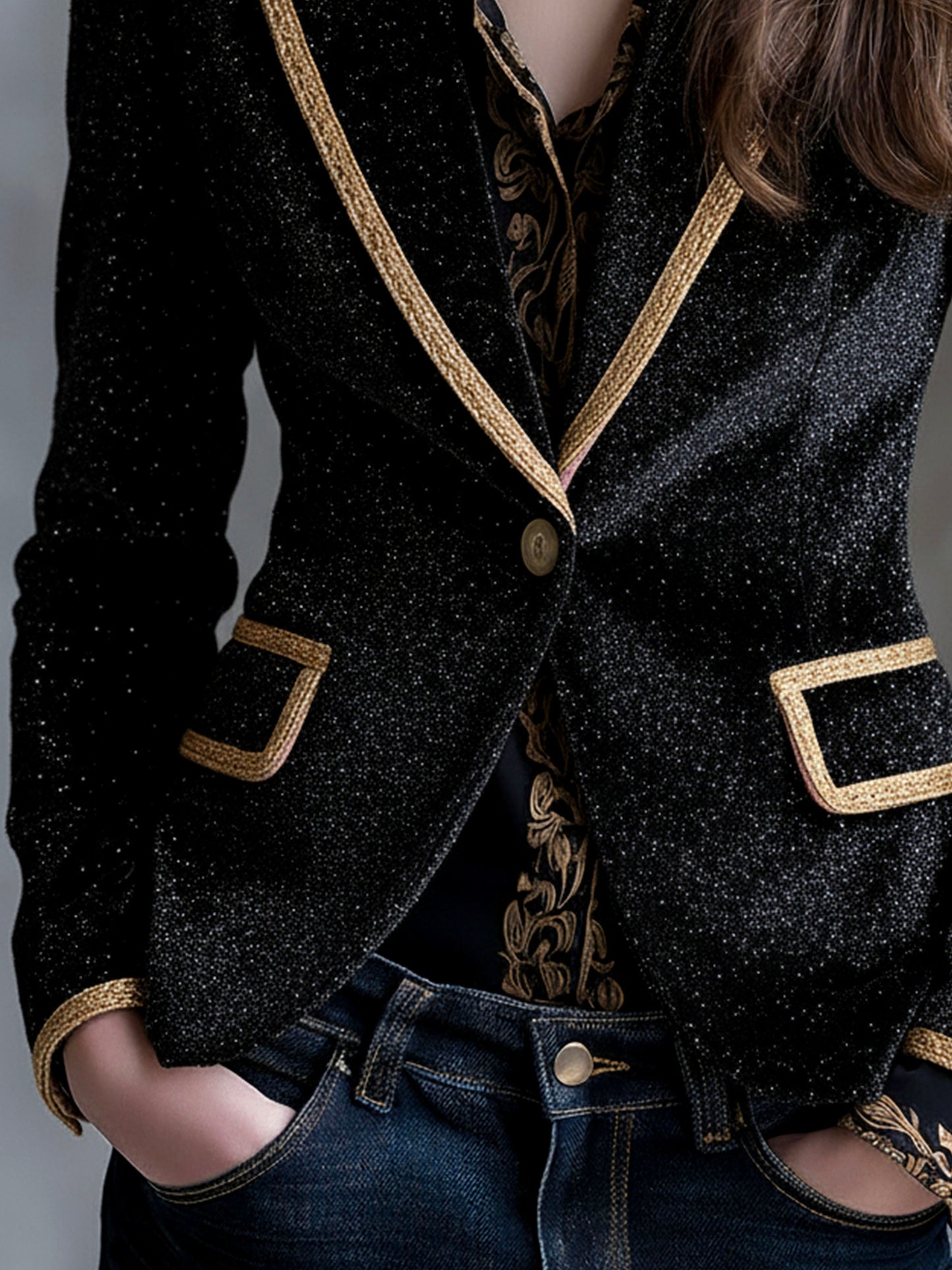 Elegant Black Velvet Glitter Slim Fit Blazer With Gold Trim