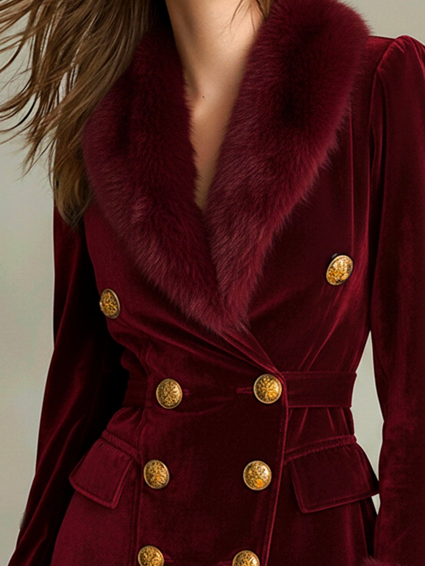Retro Burgundy Velvet Blazer Dress With Eco Fur Trim