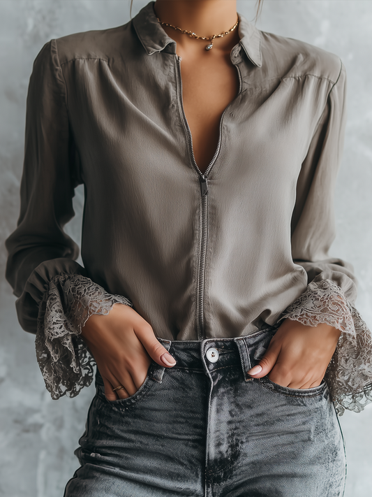 Vintage Zipper Placket Lace Cuff Blouse