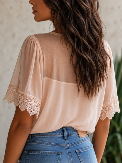 Boho Floral Embroidered Chiffon Blouse — Puff Sleeve V-Neck Top