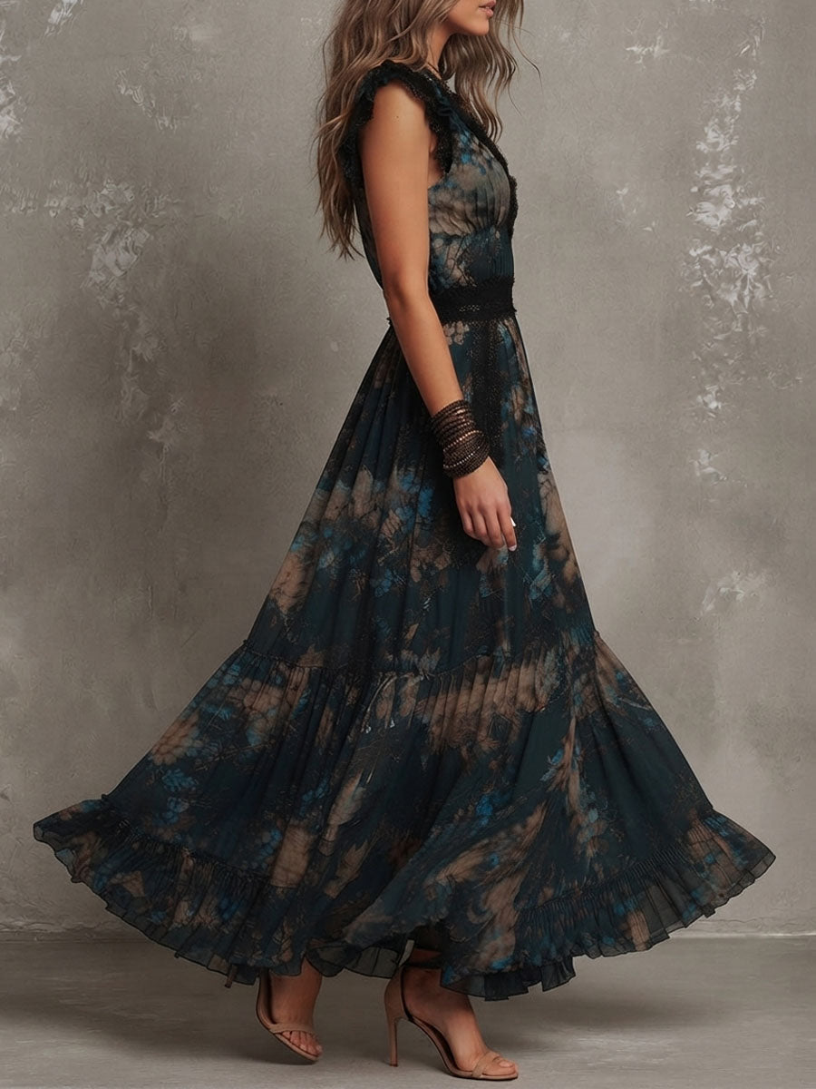 Vacation Boho Dark Floral Chiffon Maxi Dress With Lace Trim