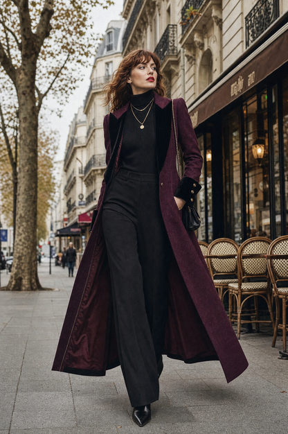 Vintage-style Slim-fit Midi Wool Coat With Velvet-paneled Lapels