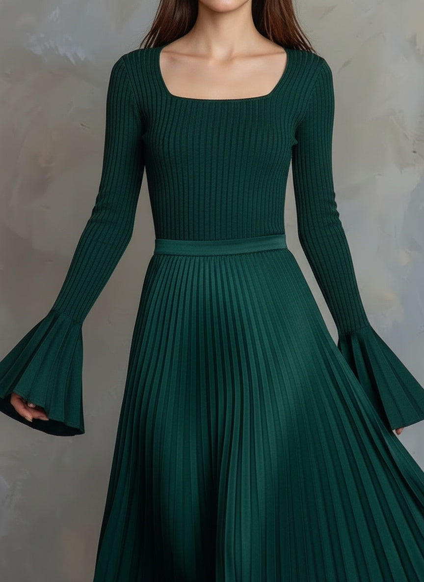 Elegant Ribbed Knit Pleated Midi Dress with Bell Sleeves