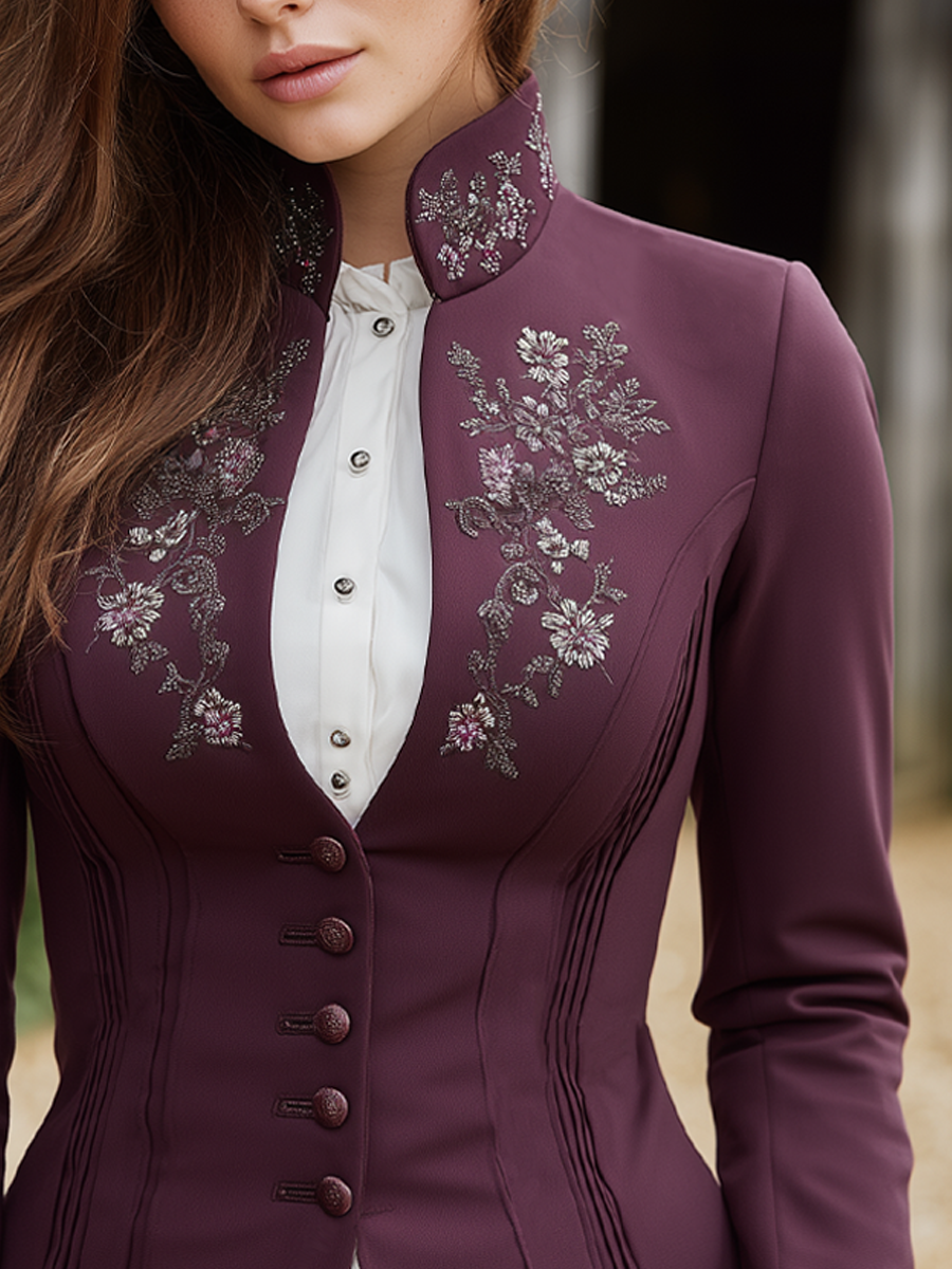 Retro Contrast Trim Floral Embroidered Blazer