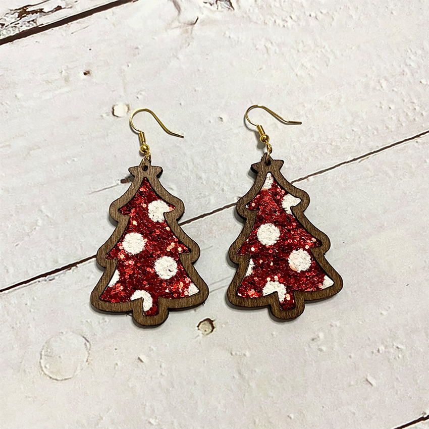 Xmas Tree Wood Bezel Cheetah Print Genuine Leather Christmas Earrings