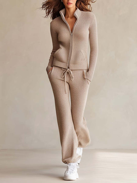 Beige Ribbed Knit Zip-Up Lounge Set