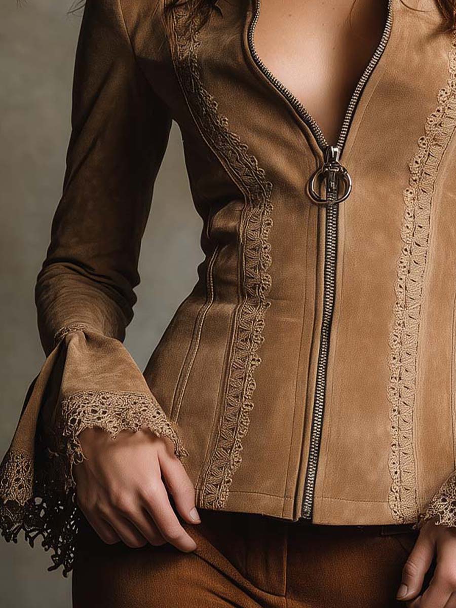 Sudan Brown Lace-Trimmed Eco-Suede Fitted Jacket