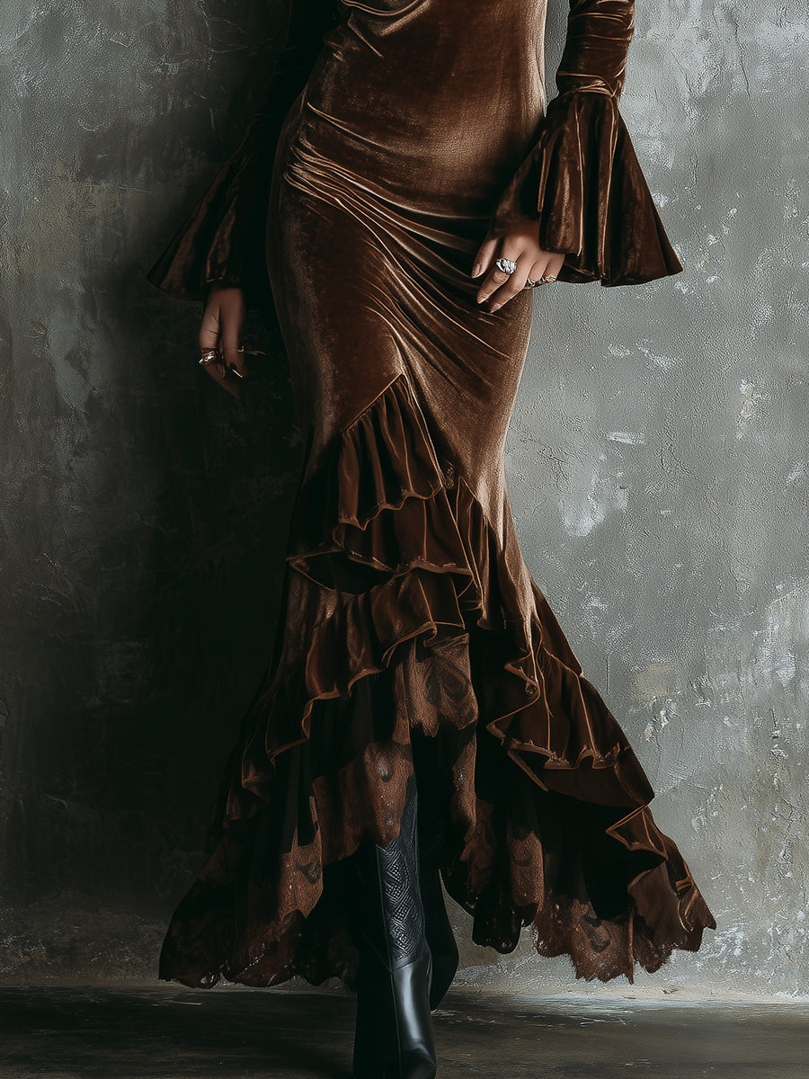 Retro Polyester Velvet Multi-layer Ruffled Fishtail Hem Maxi Dress