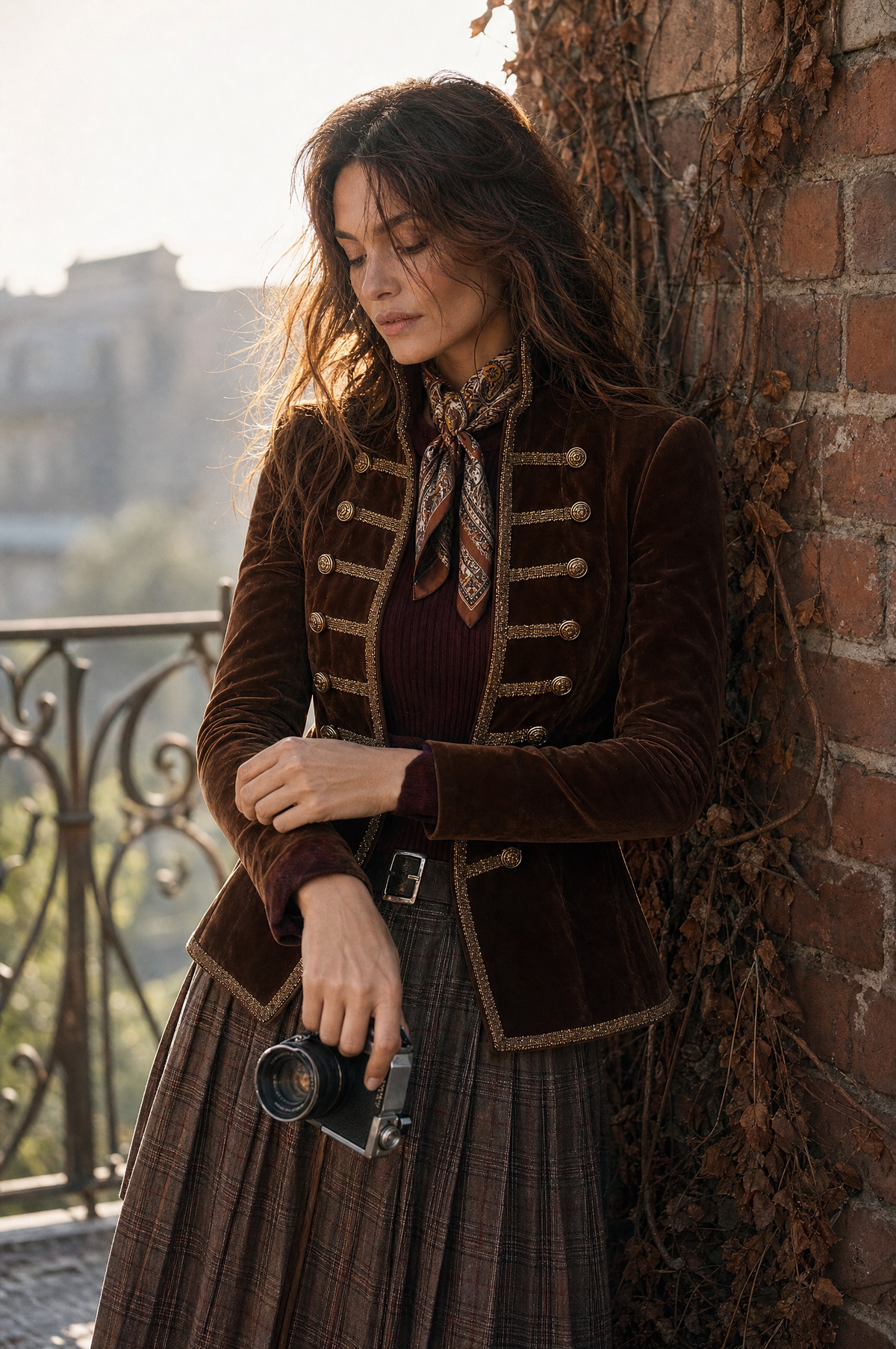 Velvet Military Style Jacket With Brass Button Trim
