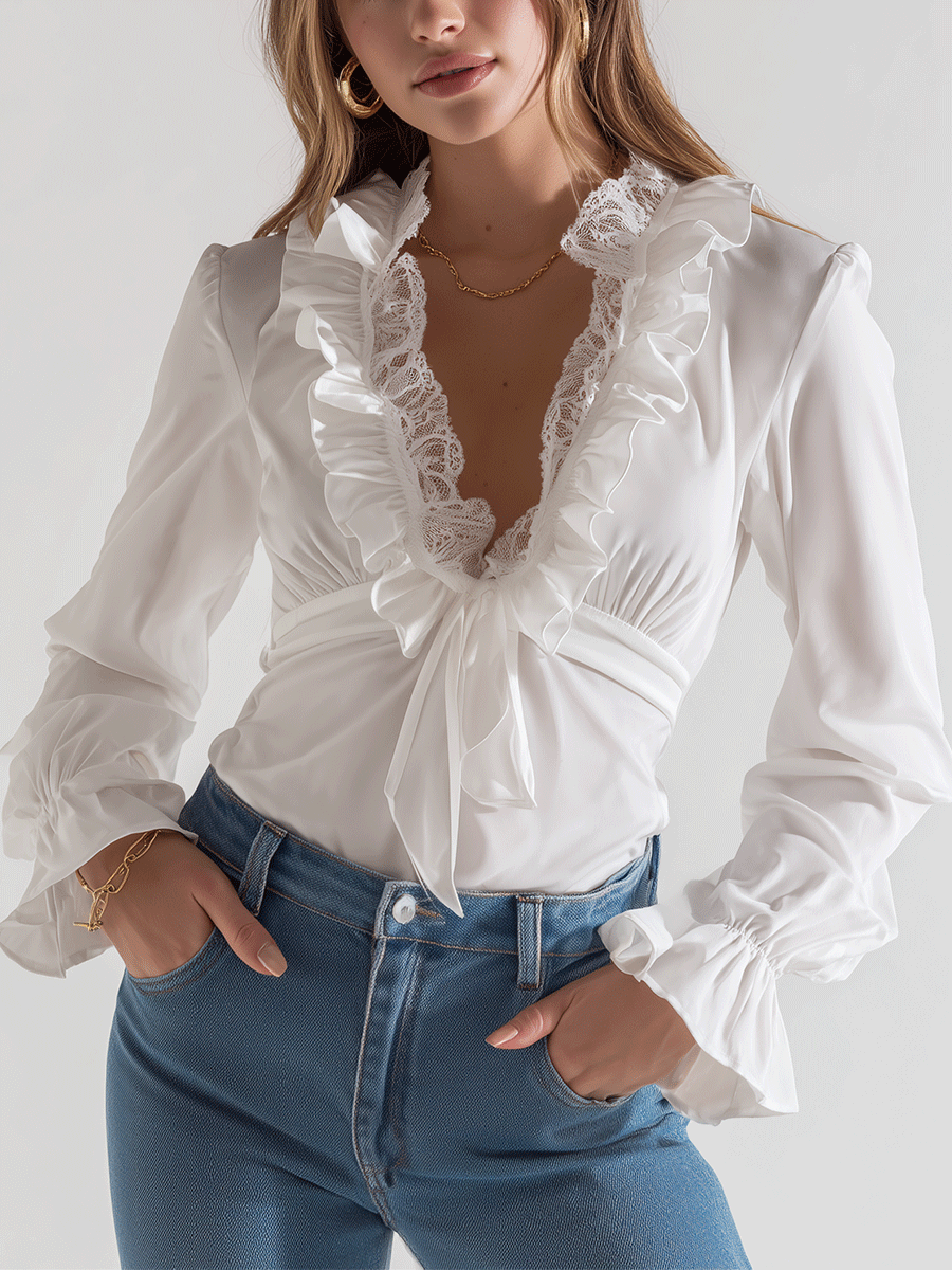 Romantic Ruffle White Lace Blouse