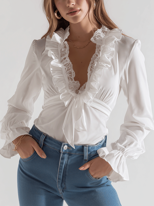 Romantic Ruffle White Lace Blouse