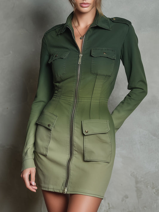 Elegant Denim Gradient Washed Flap Pocket Slim Mini Dress