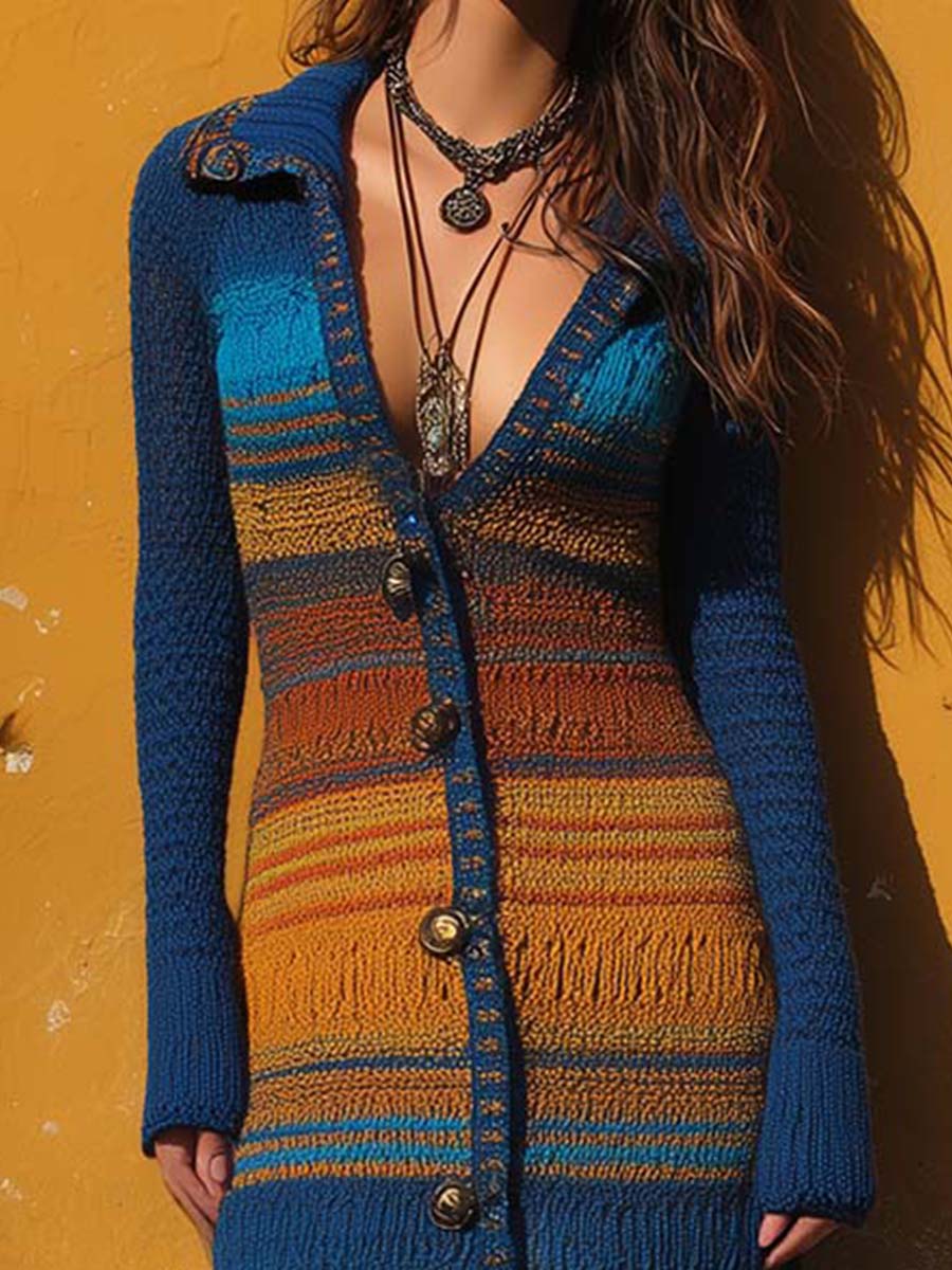 Retro Bohemian Sunset Tone Button-Down Long Sleeve Knit Dress