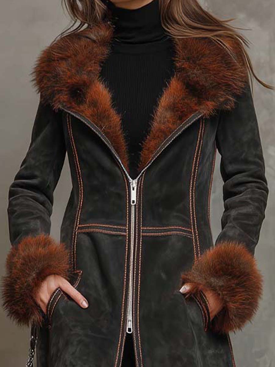 Understated Bohemian Vintage Olive-brown Faux Suede Long Coat With A Fur Collar