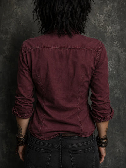 Retro Flap Chest Pocket Long-sleeved Denim Blouse