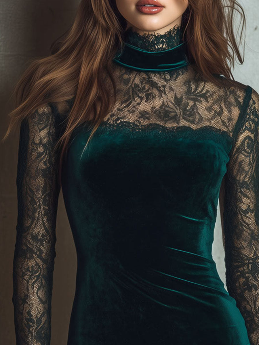 Elegant High-Neck Emerald Green Velvet Lace Mini Dress