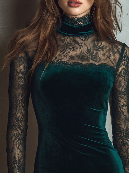 Elegant High-Neck Emerald Green Velvet Lace Mini Dress