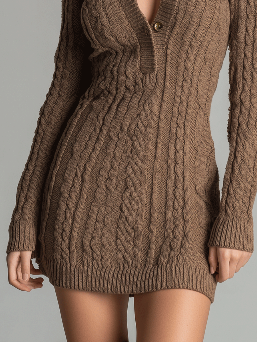 Cozy Brown Fitted Knit Mini Dress