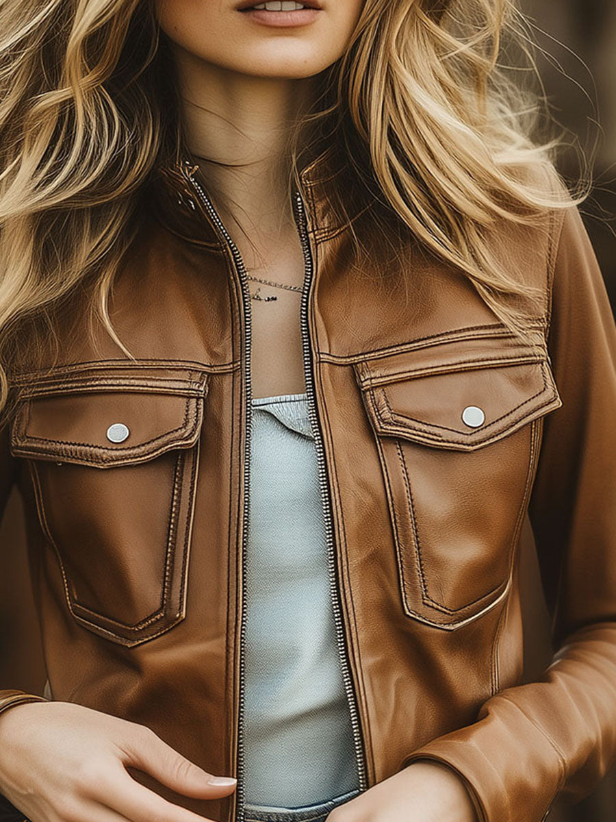 Vintage Camel Brown Eco Leather Cropped Moto Jacket