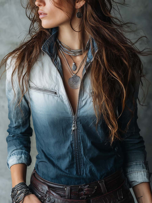Gradient Washed Blue Denim Zip-Up Shirt