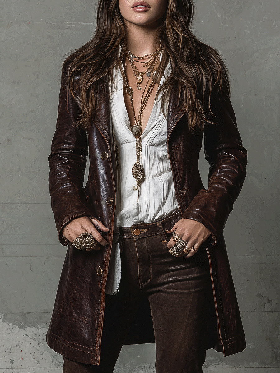 Vintage Brown Eco-Leather Long Coat