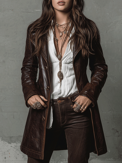 Vintage Brown Eco-Leather Long Coat