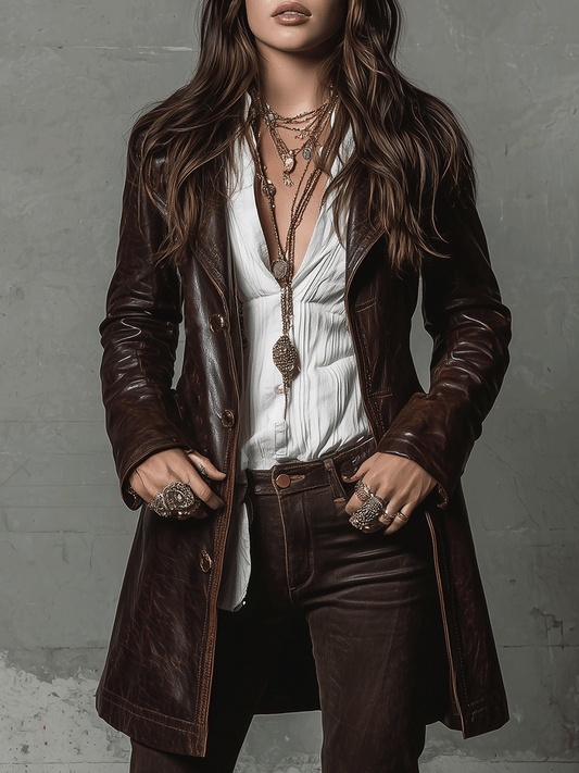 Vintage Brown Eco-Leather Long Coat